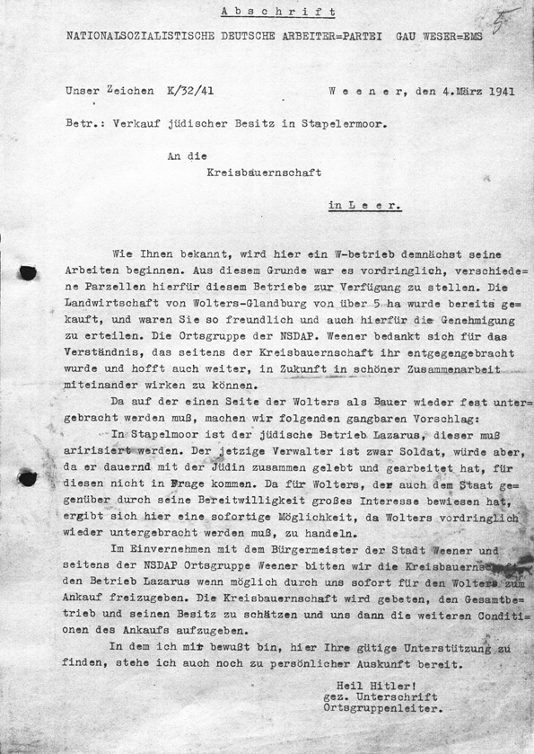 Schreiben der NSDAP bezüglich der „Arisierung“ des Hofs in Stapelmoor, 1941
